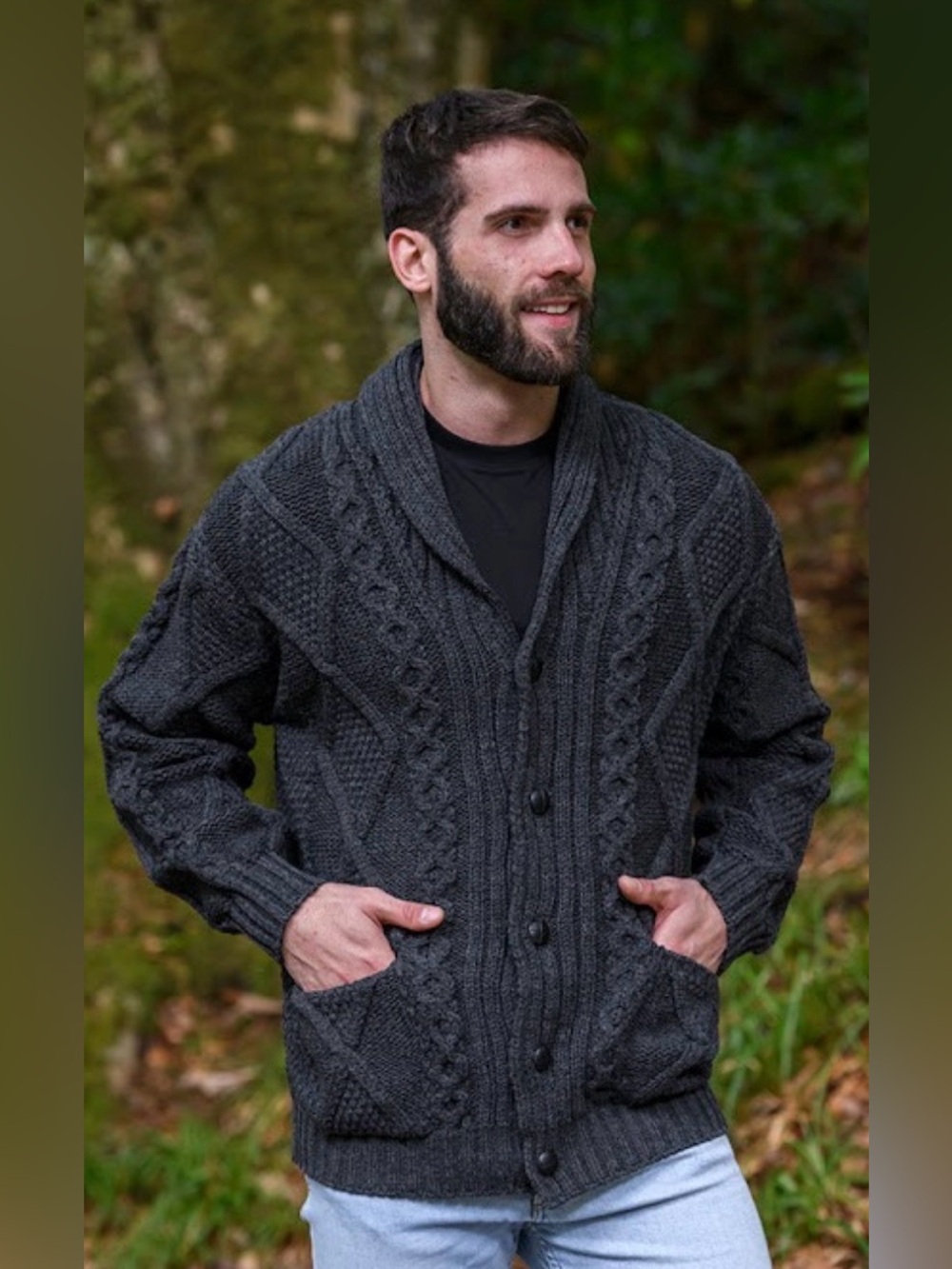 Aran Crafts Ireland Wool Men's Gray Shawl Collar Button Down Pockets Sweater S